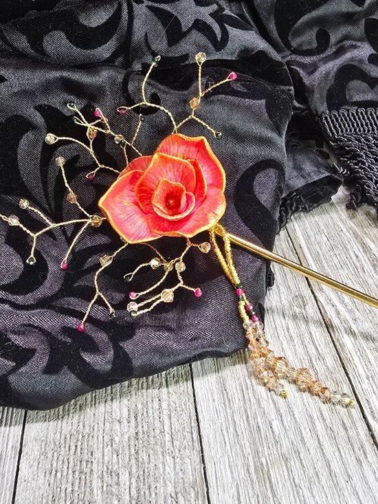Unique Handcrafted Elegant Gemstone Asian Inspired Pink and Gold Rose Hair Stick - Picture 1 of 7